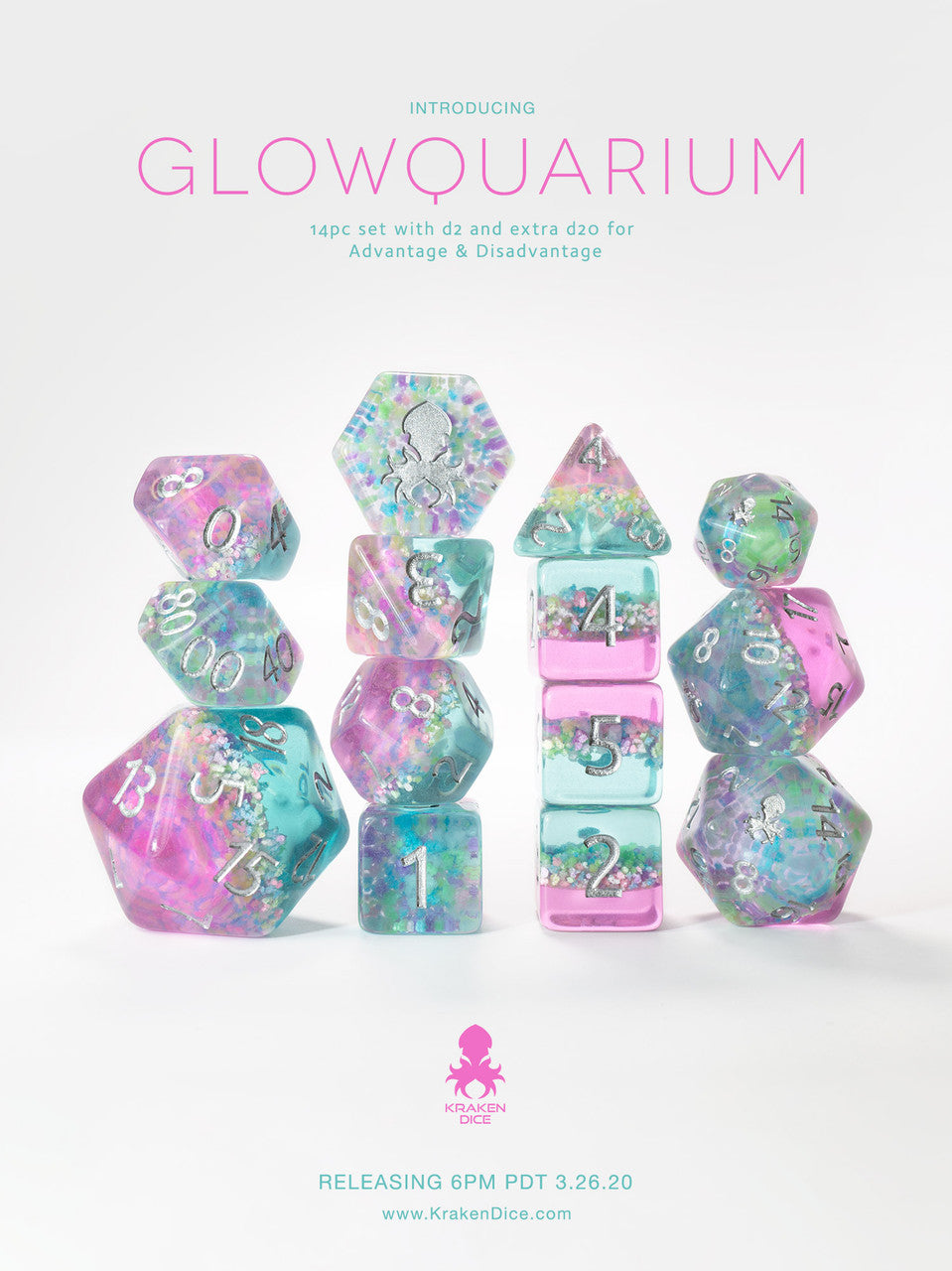 Glowquarium 14pc Polyhedral Dice set with Glow in the Dark Particles